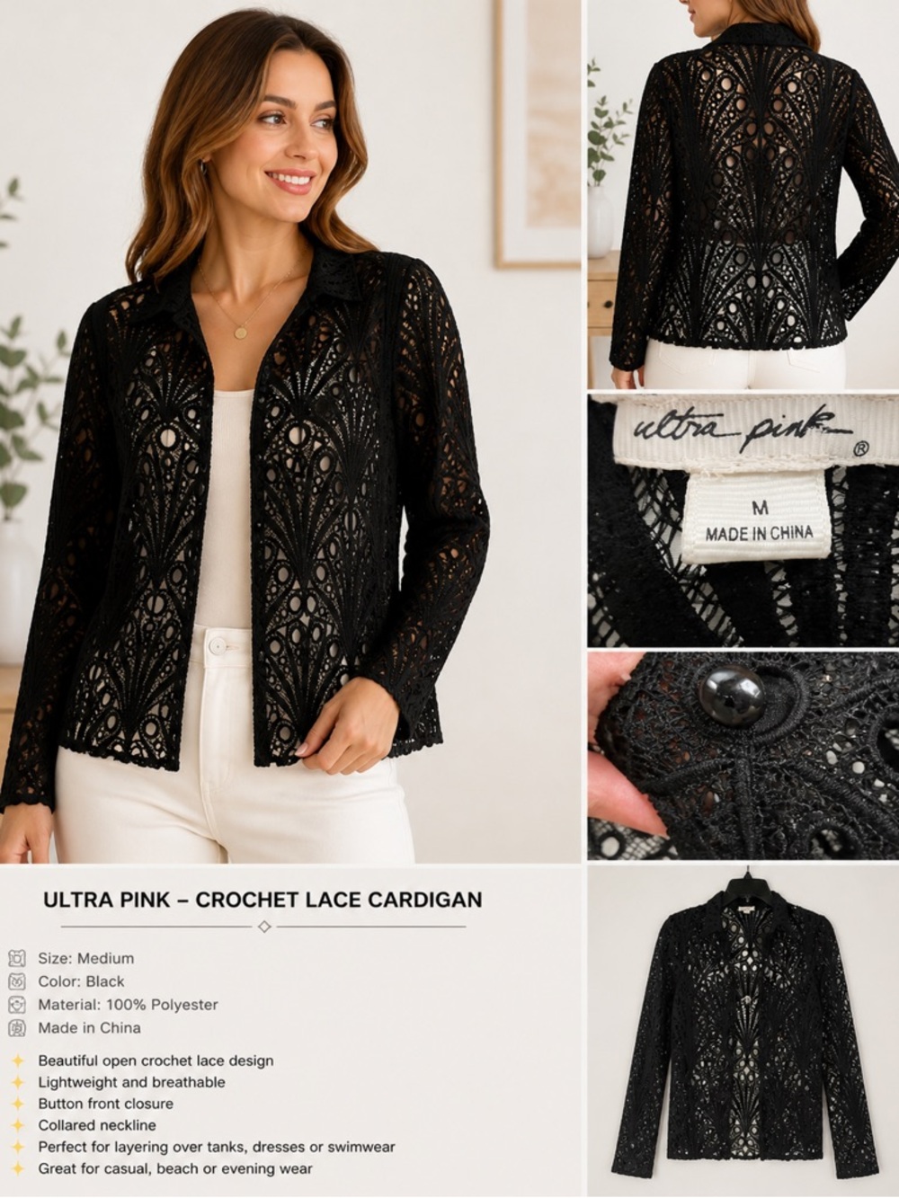 Ultra Pink Black Lace Openwork Cardigan